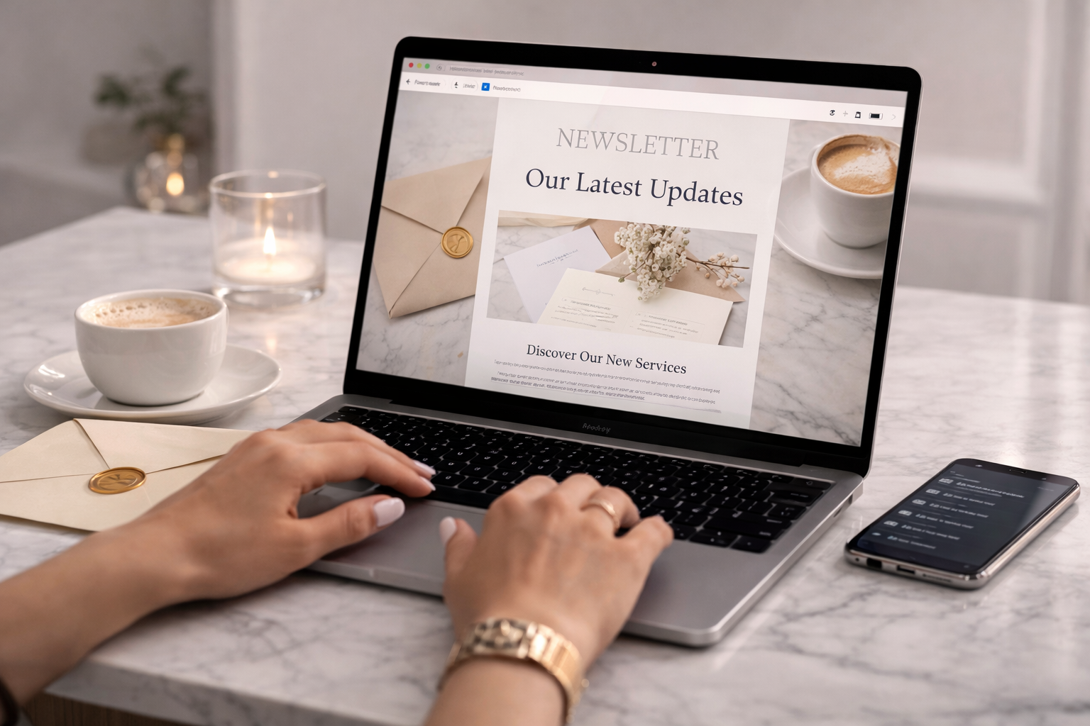 Pessoa usando um laptop em uma mesa de mármore, navegando em um boletim informativo digital com o título "Our Latest Updates" e uma mensagem "Discover Our New Services" ao fundo, acompanhada de uma xícara de café, um telefone celular e um envelope com lacre de cera dourada sobre a mesa.