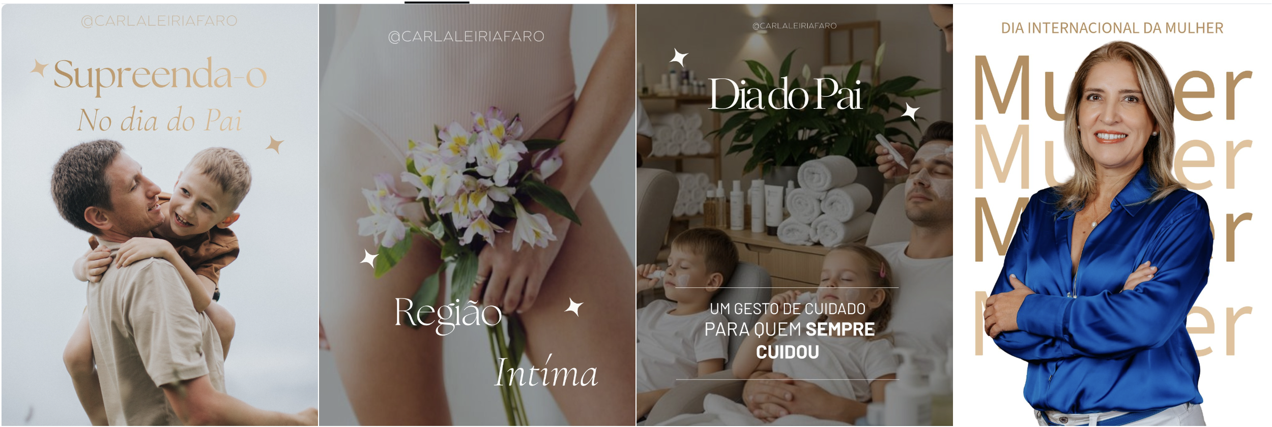 Imagem comemorativa do Dia Internacional da Mulher e do Dia do Pai, com fotos de pai e filho, pessoa segurando buquê de flores, pessoas em spa, e uma mulher sorridente com blusa azul. Texto destacando essas datas comemorativas.