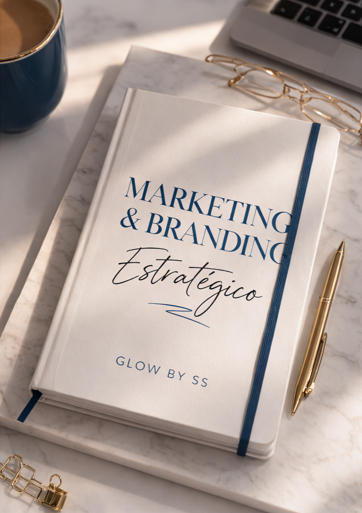 Caderno com capa branca intitulado 'Marketing & Branding Estratégico' com uma fita azul, ao lado uma caneta dourada, uma xícara de café, um par de óculos de leitura e um laptop em uma superfície de mármore.