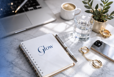 Área de trabalho com caderno, caneta, laptop, copo de café, água, plantas, óculos e telefone celular