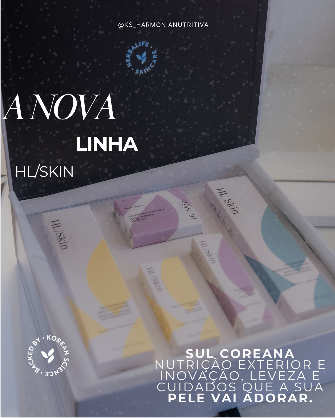 Caixa com produtos da linha HL/Skín da Herbalife, embalagem com cores pastel em fundo branco, detalhes do produto visíveis.