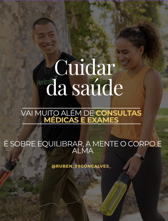 Pessoas caminhando ao ar livre, sorrindo, com textos sobre cuidar da saúde, consultas médicas e exames, enfatizando equilíbrio mental e físico.