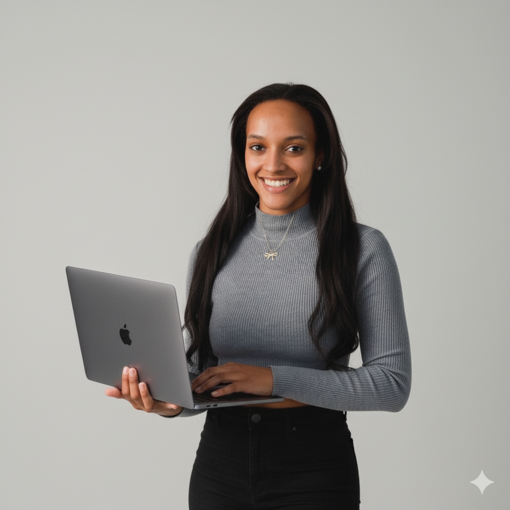 Mulher sorridente segurando um laptop MacBook contra fundo cinza.