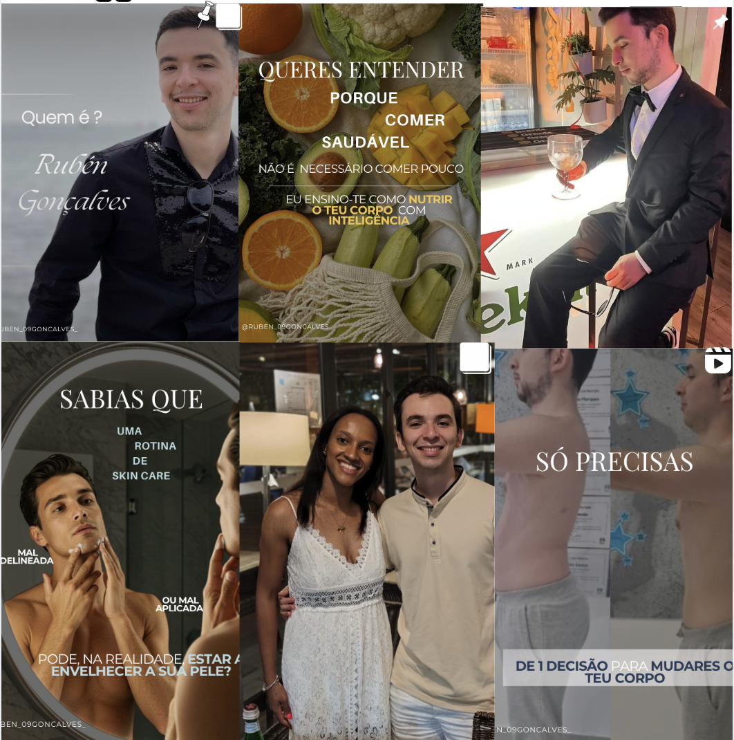 Coleção de seis imagens com textos em português. Fotos de pessoas sorrindo e posando, produtos naturais, cenas de consumo, dicas de cuidados com a pele e corpo, e uma consulta médica ou de estética. Temas de saúde, bem-estar, estética e estilo de vid