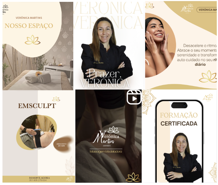 Imagem promocional de serviços de bem-estar e estética, incluindo uma sala de terapia, uma mulher sorridente, uma sessão de massagem, um smartphone exibindo certificado de formação e elementos de design com plantas e textos promocionais.