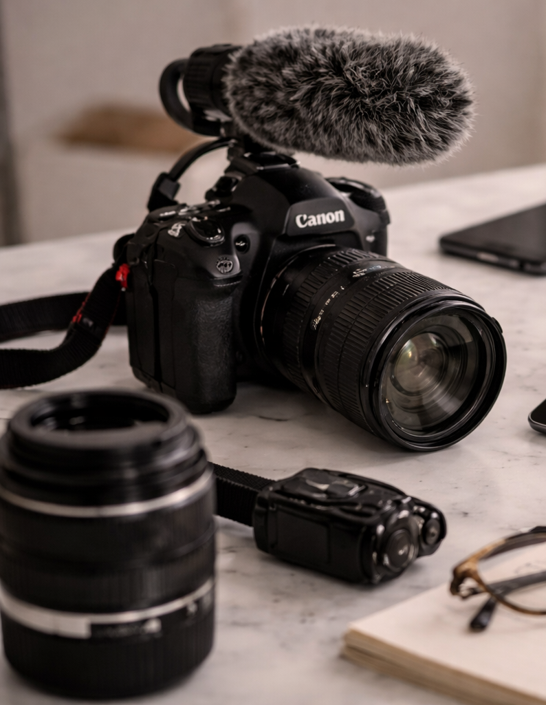 Câmera profissional com microfone de pelúcia colocado na parte superior, em uma mesa de mármore junto com lentes adicionais, câmera pequena, notebook e óculos.