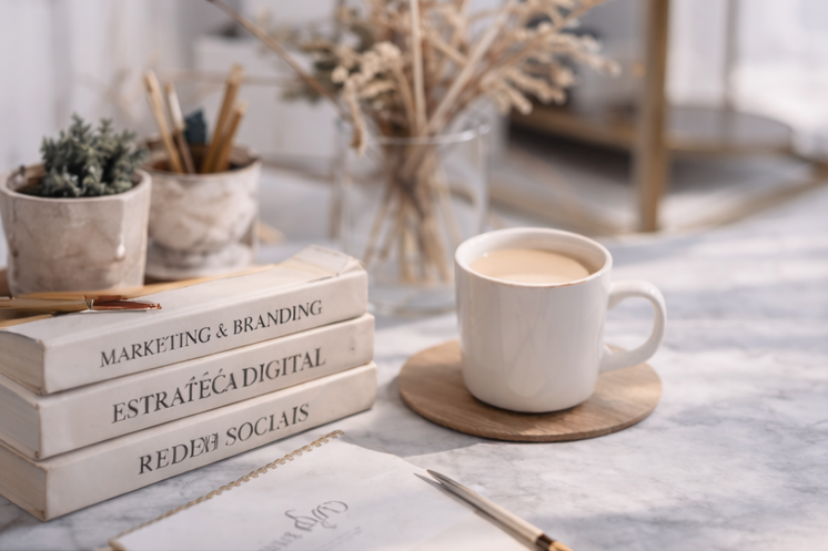 Café em xícara branca sobre uma mesa de mármore, ao lado de livros sobre marketing digital e estratégias sociais, com plantas e utensílios de escritório ao fundo.