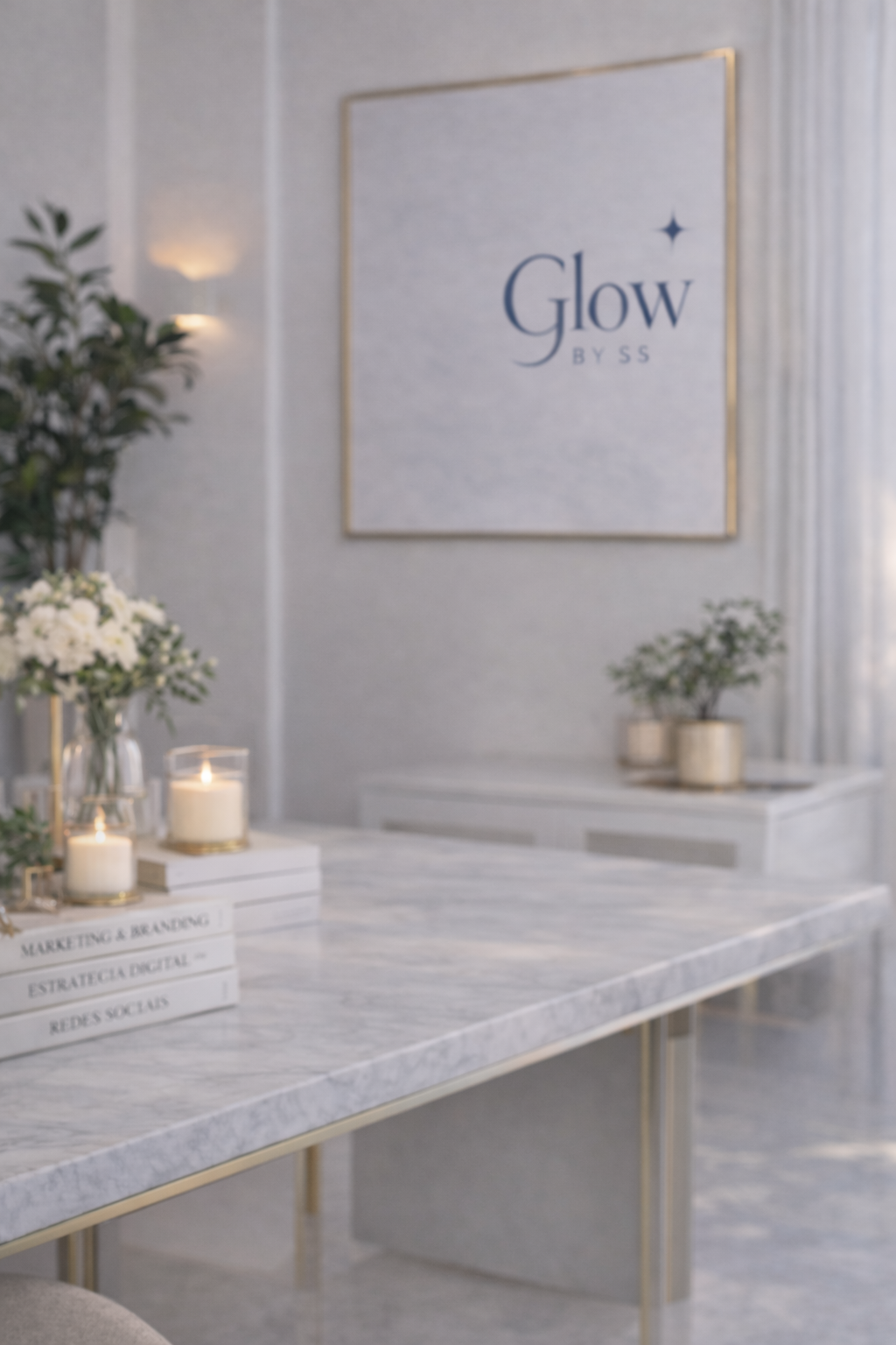 Decoração de interior com mesa de mármore, velas acesas, livros sobre marketing e branding, e plantas em vasos, com um quadro com a palavra 'Glow by SS' na parede ao fundo.
