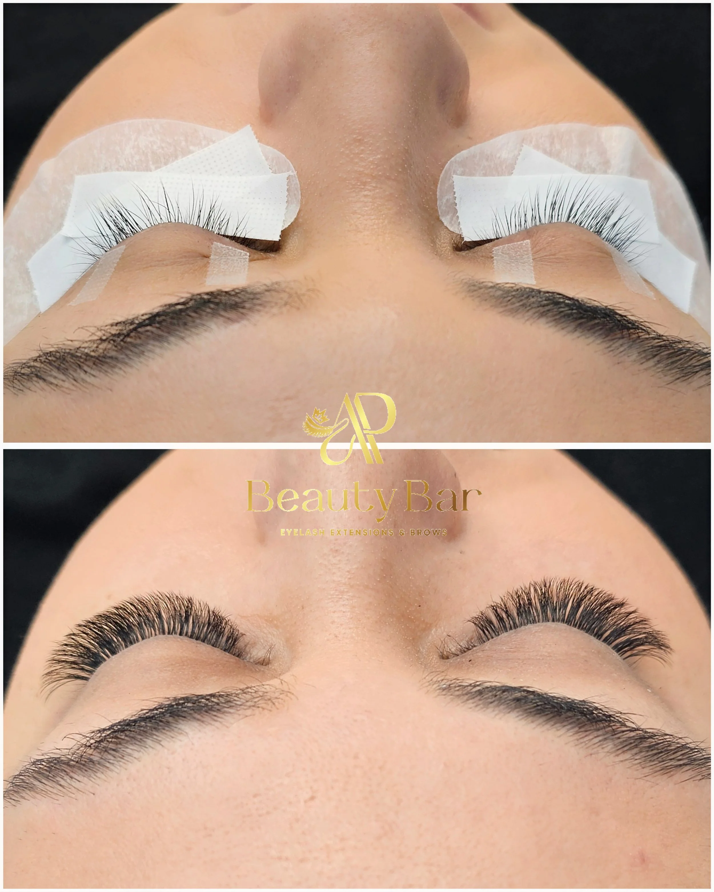 Close-up of a woman's face showing before and after eyelash extension application at a beauty bar, with the logo 'AR Beauty Bar' in the middle.