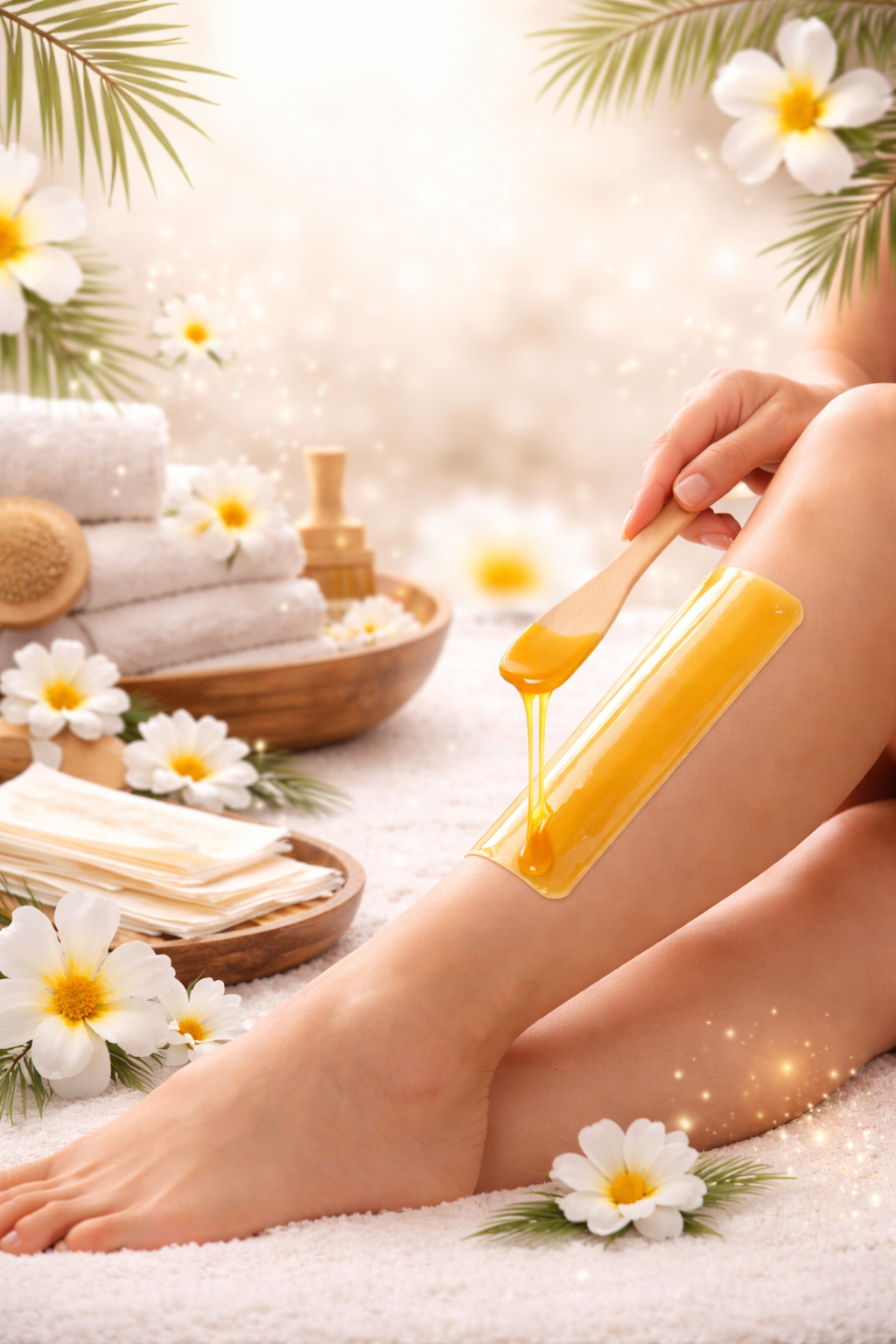 A person receiving a waxing treatment on their leg, with waxing supplies and towels in a spa setting decorated with white flowers and palm leaves.