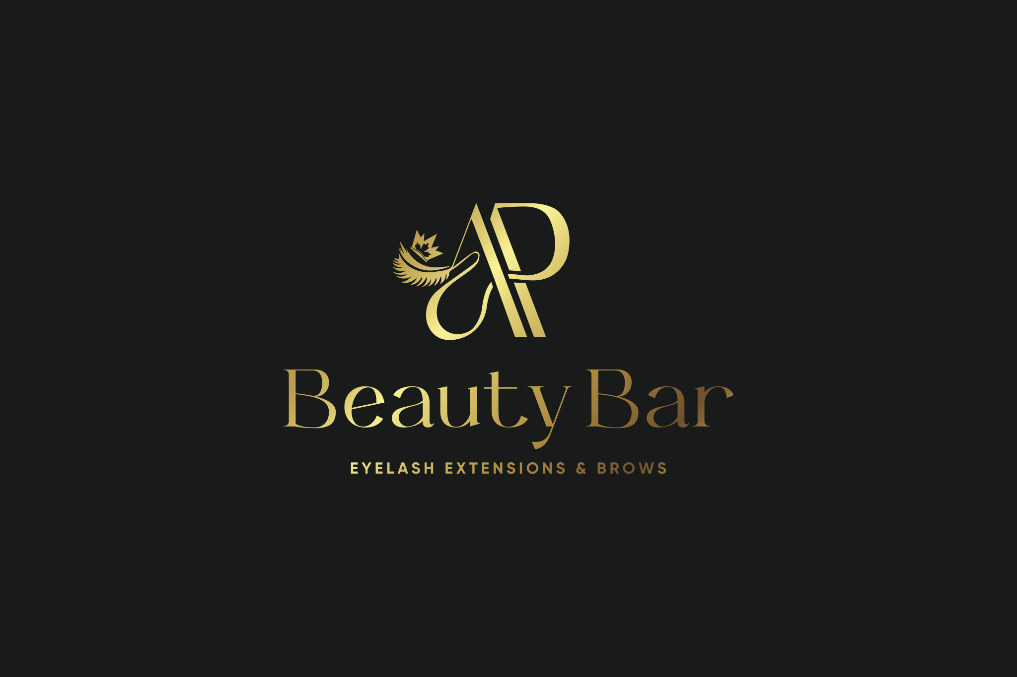 Logo for Beauty Bar, a salon specializing in eyelash extensions and brows, featuring gold lettering and a decorative feather on a black background.