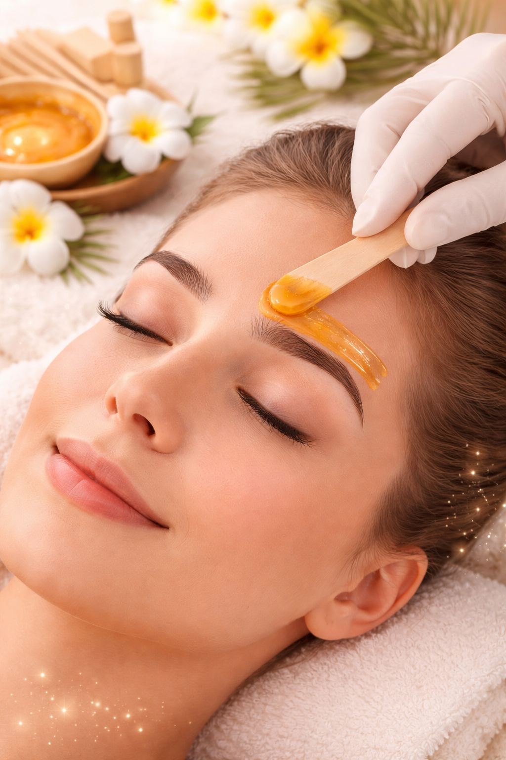 A woman receiving a facial treatment with honey mask at a spa, surrounded by flowers and spa items.