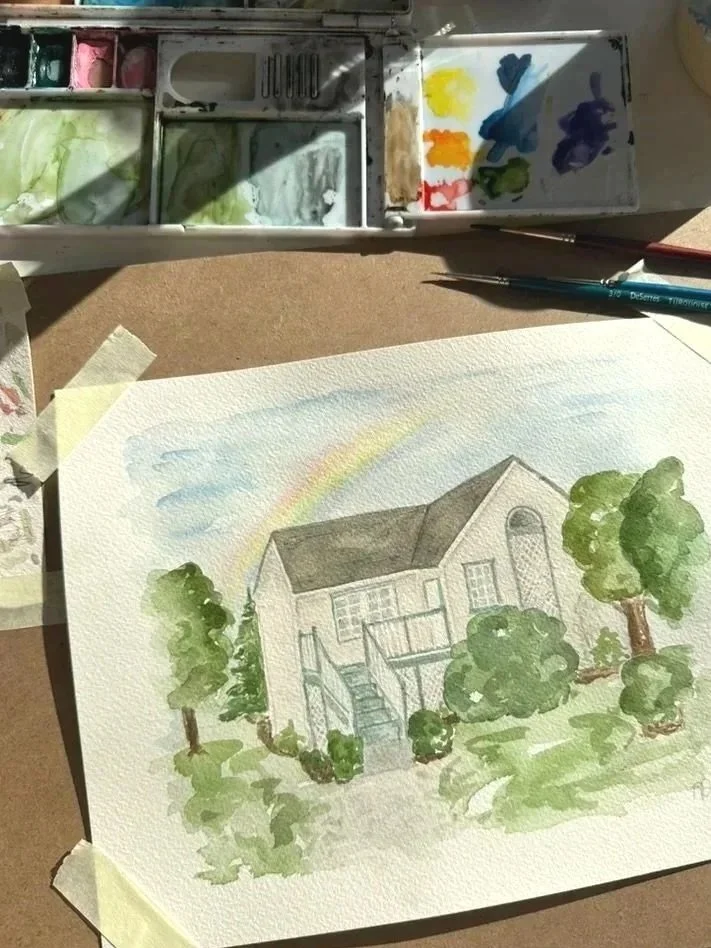 Watercolour painting of a first home sits with a pallet.