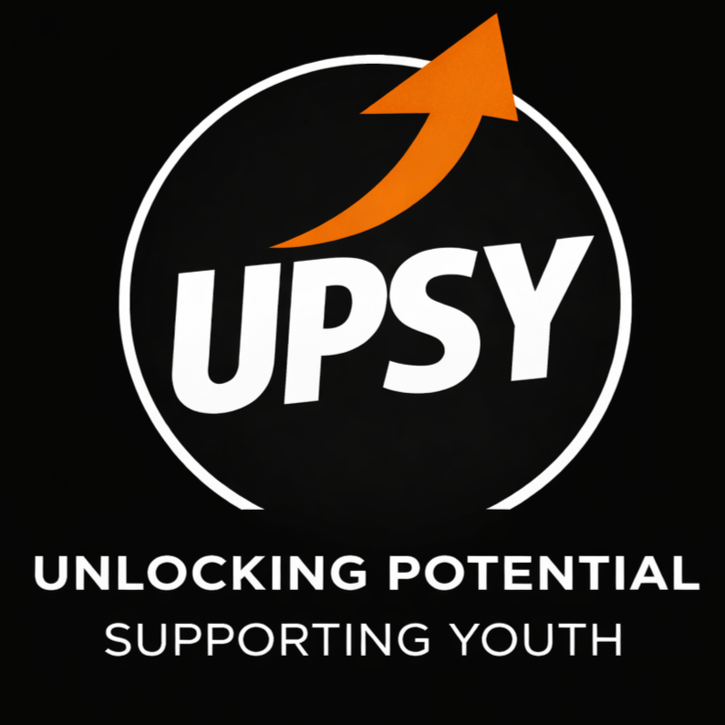 Upsy logo with orange arrow and the text "Unlocking Potential Supporting Youth" on a black background.