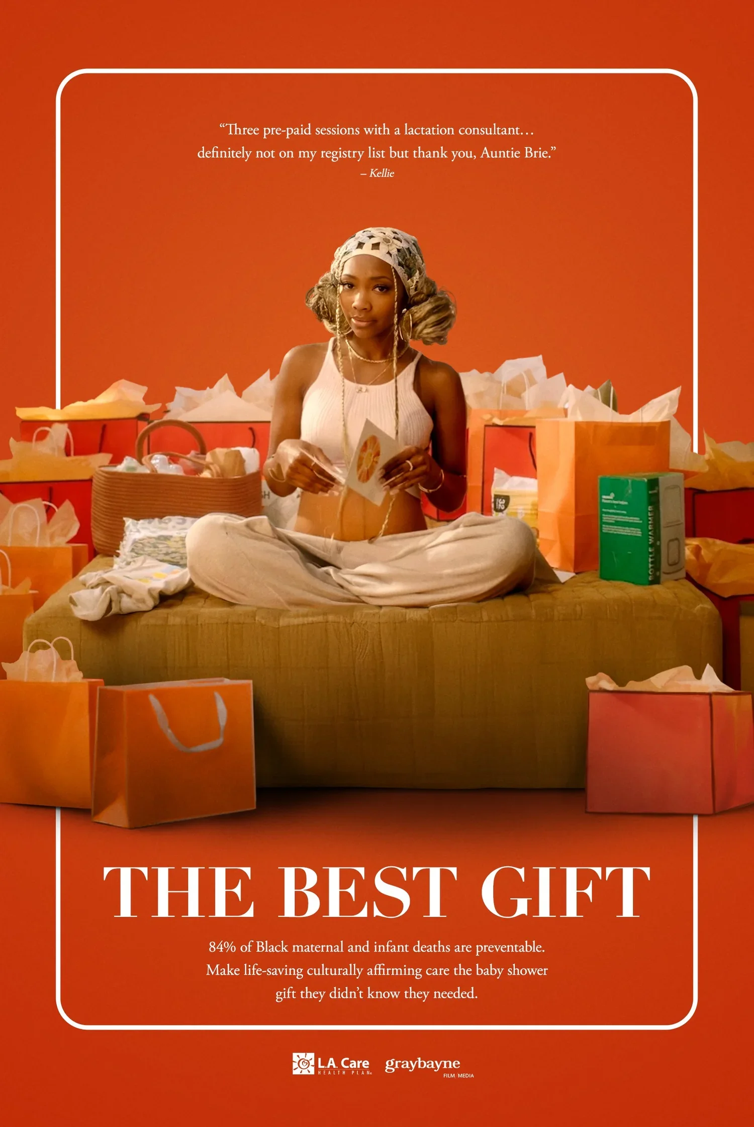 Woman sitting on a couch surrounded by shopping bags, reading a booklet, with a quote at the top and message at the bottom promoting culturally affirming care for Black maternal and infant health.