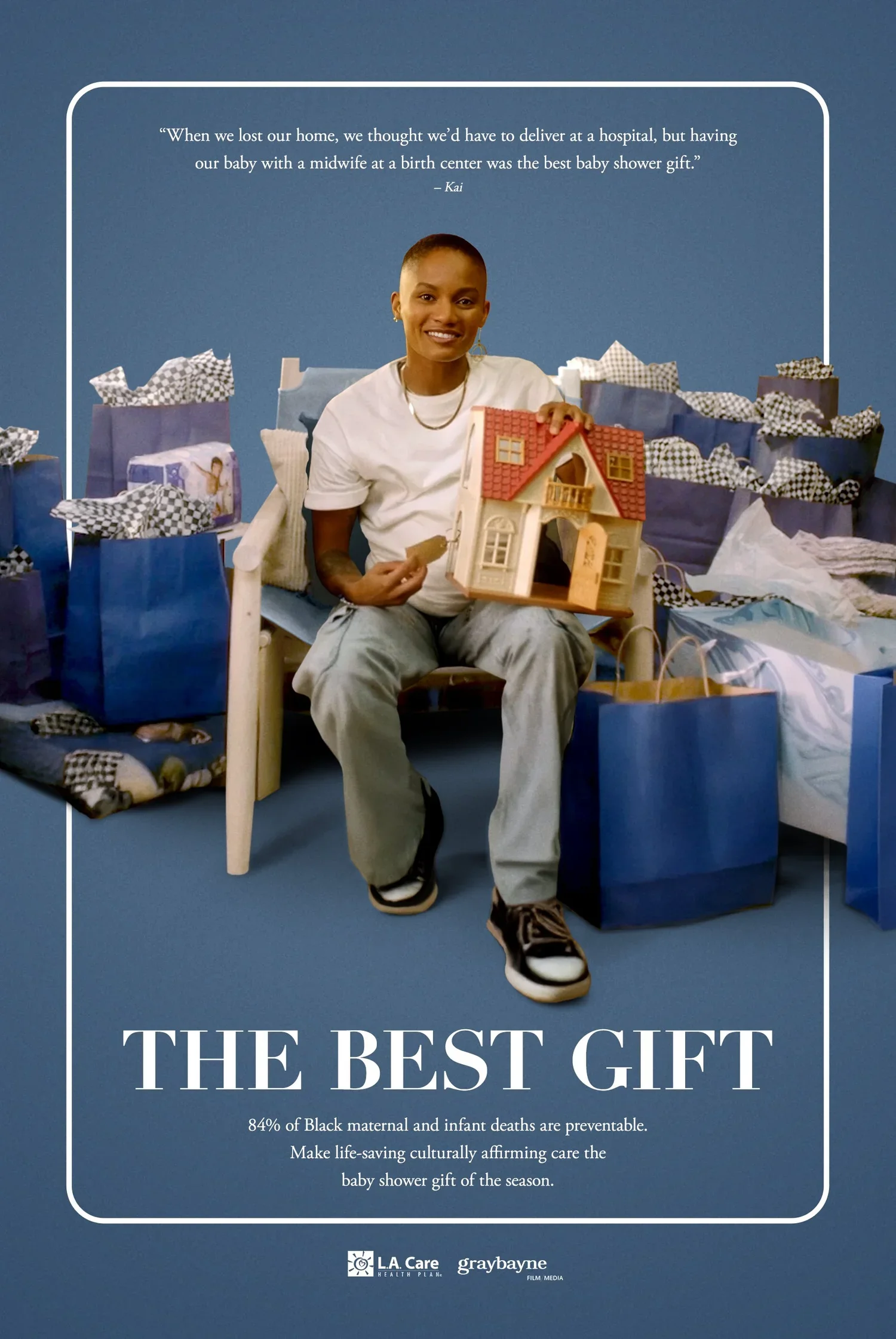 An African American woman smiling and sitting on a chair, holding a dollhouse and a small object, surrounded by blue gift bags and wrapped presents on a blue background. Above her, a quote about having a baby at a birth center. Text at the bottom promotes culturally affirming care to prevent maternal and infant deaths.