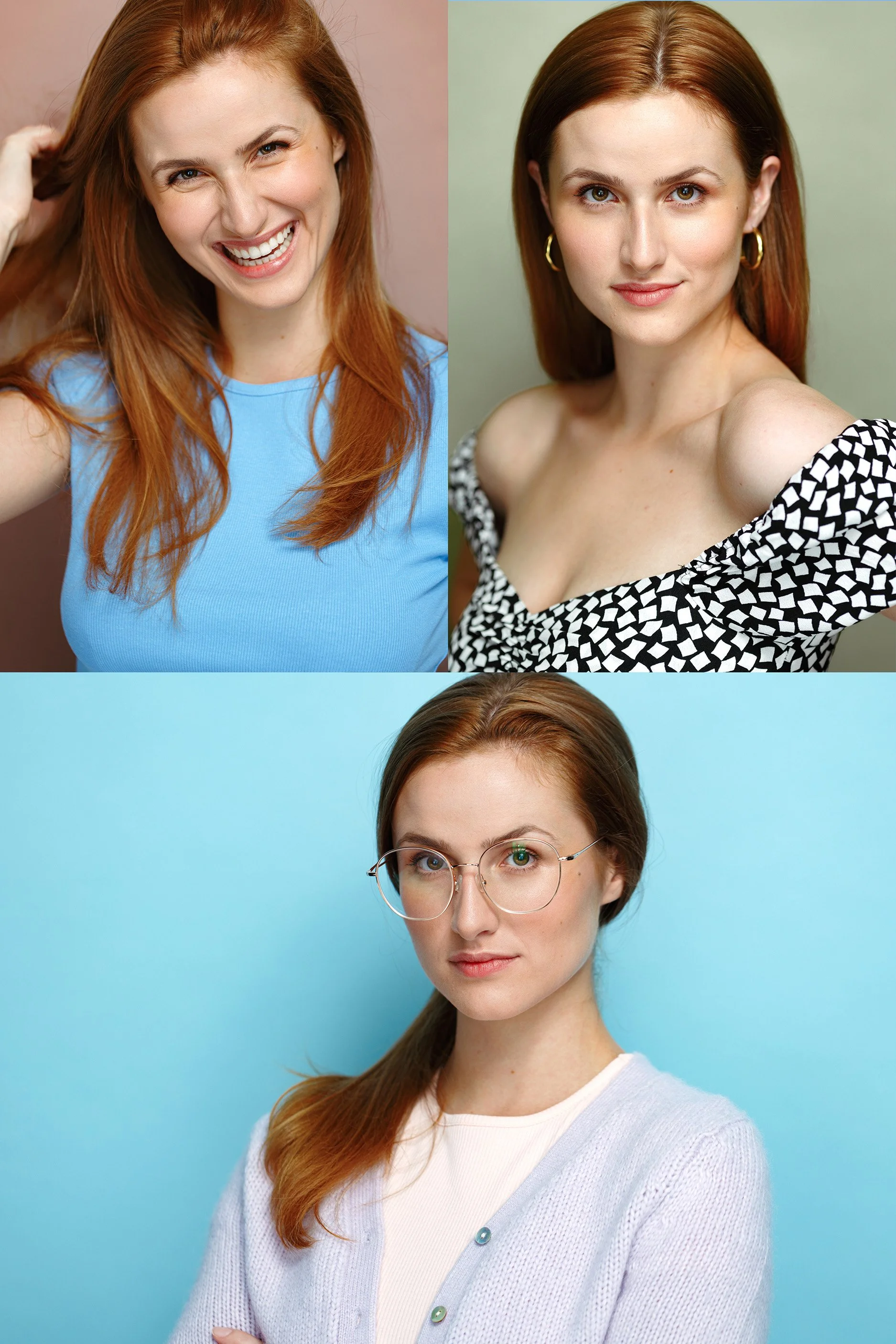 Three women with red hair in different poses and styles, set against pastel backgrounds.