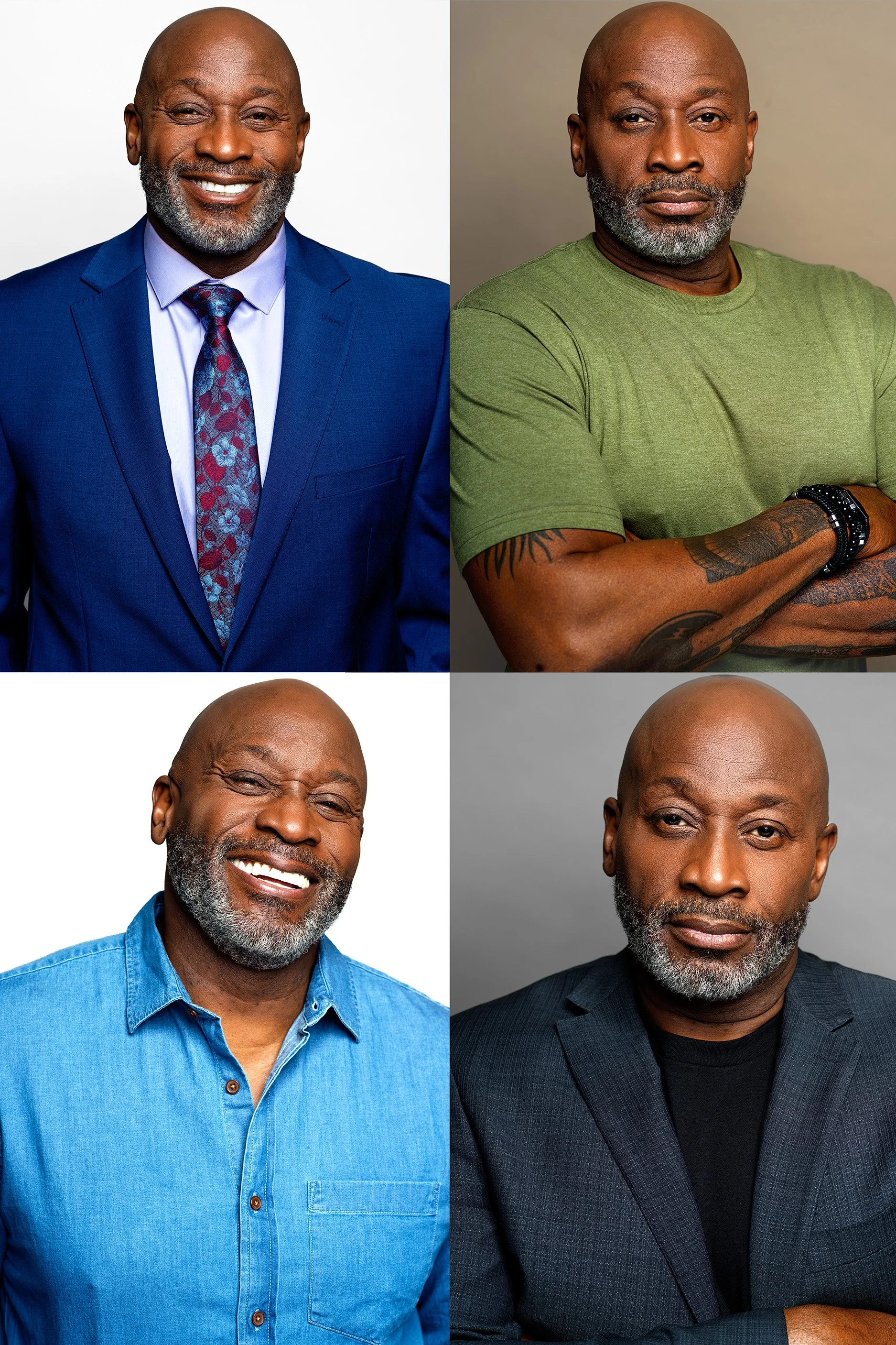 Four portraits of middle-aged black men with bald heads and gray beards. The top left man is wearing a blue suit and a patterned tie, smiling at the camera. The top right man is wearing a green t-shirt with tattoos on his arms, looking serious with arms crossed. The bottom left man is wearing a blue denim shirt, smiling broadly with a cheerful expression. The bottom right man is wearing a dark blazer over a black shirt, with a neutral expression.