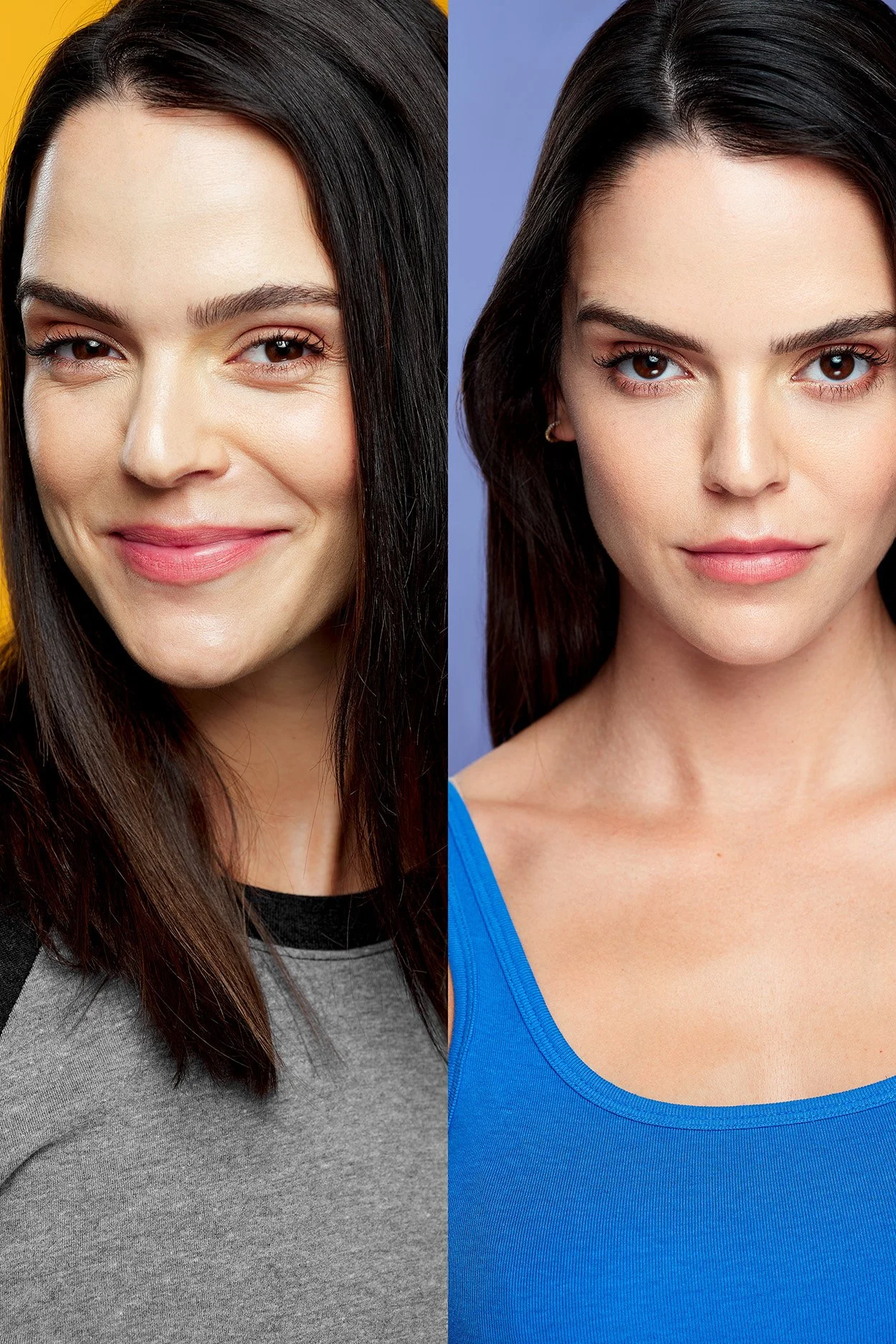 Split image of two women with dark hair and fair skin, one winking and smiling on the left, and the other serious with a neutral expression on the right. The woman on the left has a yellow background, the woman on the right has a blue background.