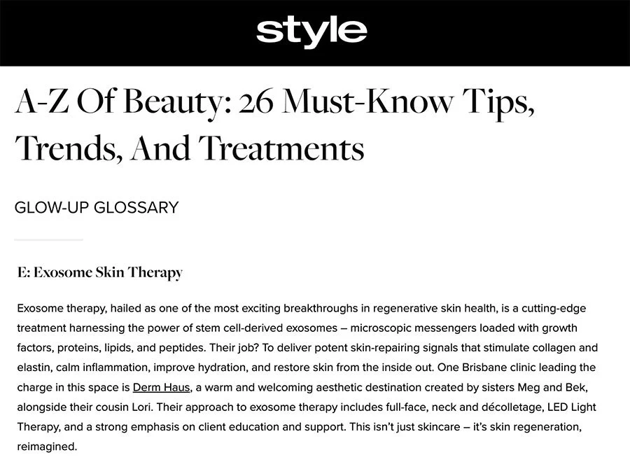 Page from Style magazine titled "A-Z of Beauty: 26 Must-Know Tips, Trends, and Treatments" with an article about exosome skin therapy.