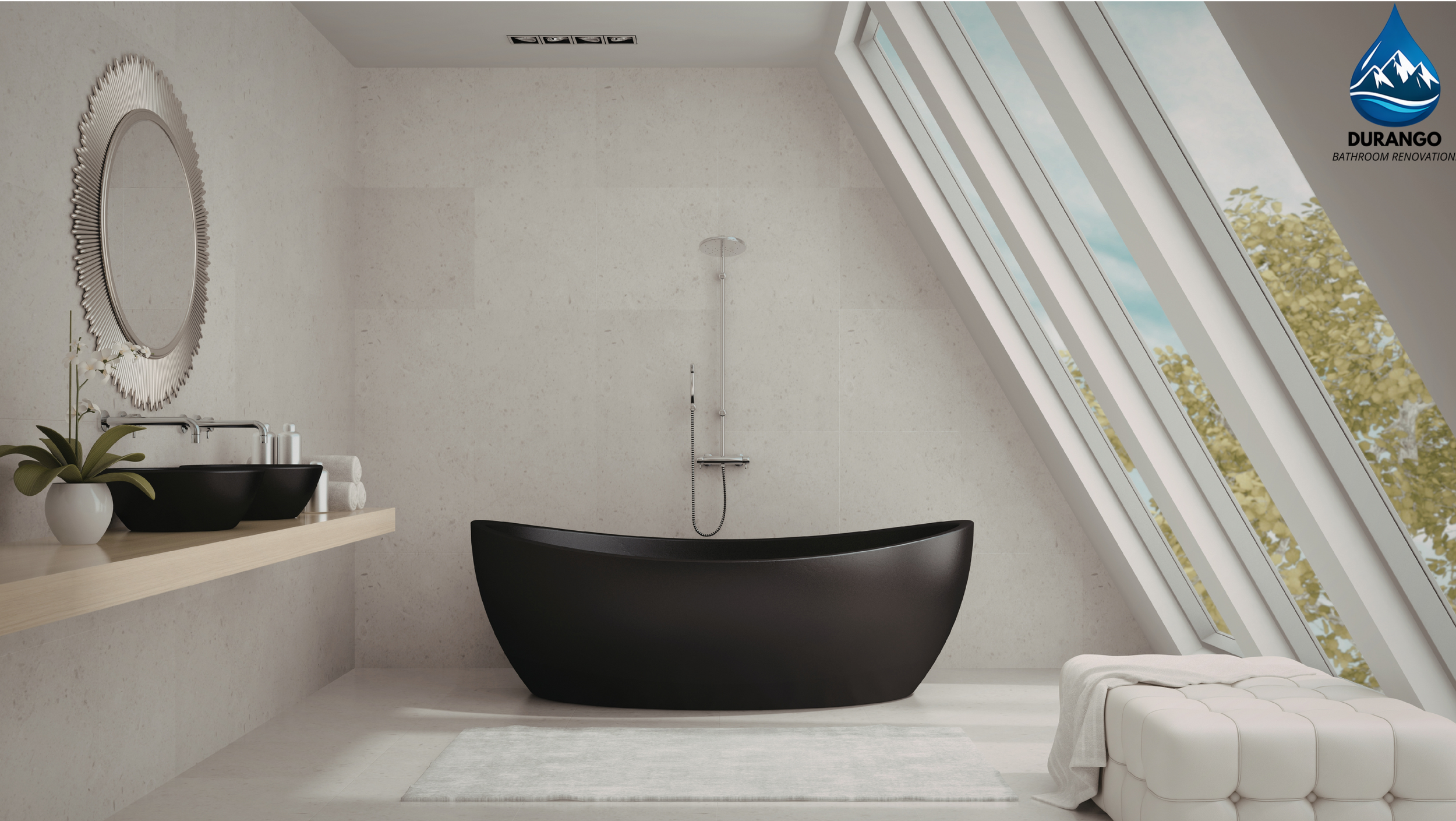 Modern bathroom with a black bathtub, large slanted windows, white walls, and a light wooden shelf with a black sink, plant, and toiletries. There is a white cushioned bench with a towel on it.
