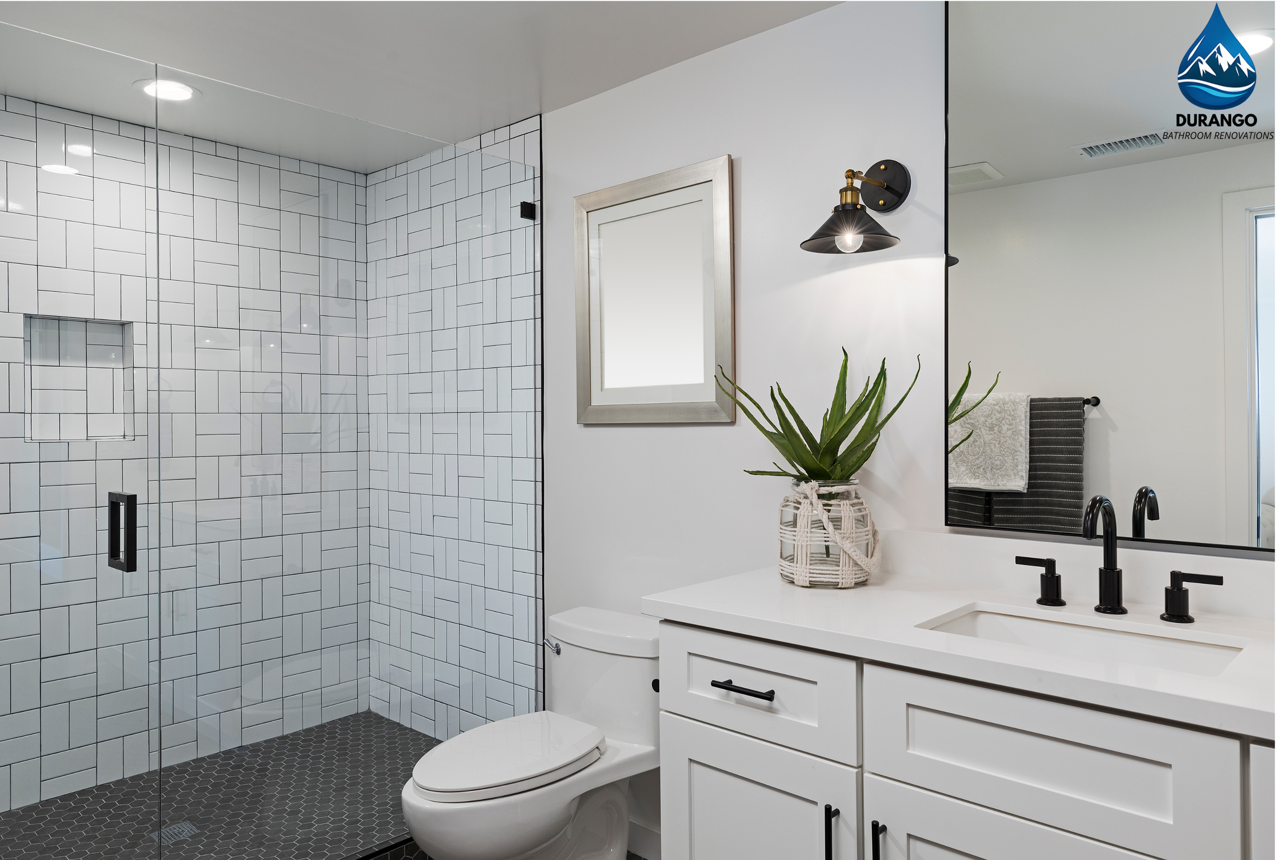 Modern bathroom with walk-in shower featuring white subway tile and black hexagon floor tiles, white vanity with black hardware, black fixtures, large mirror, and a potted aloe vera plant on the countertop.