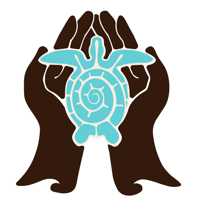 Two brown hands holding a aqua turtle with a spiral shell design.