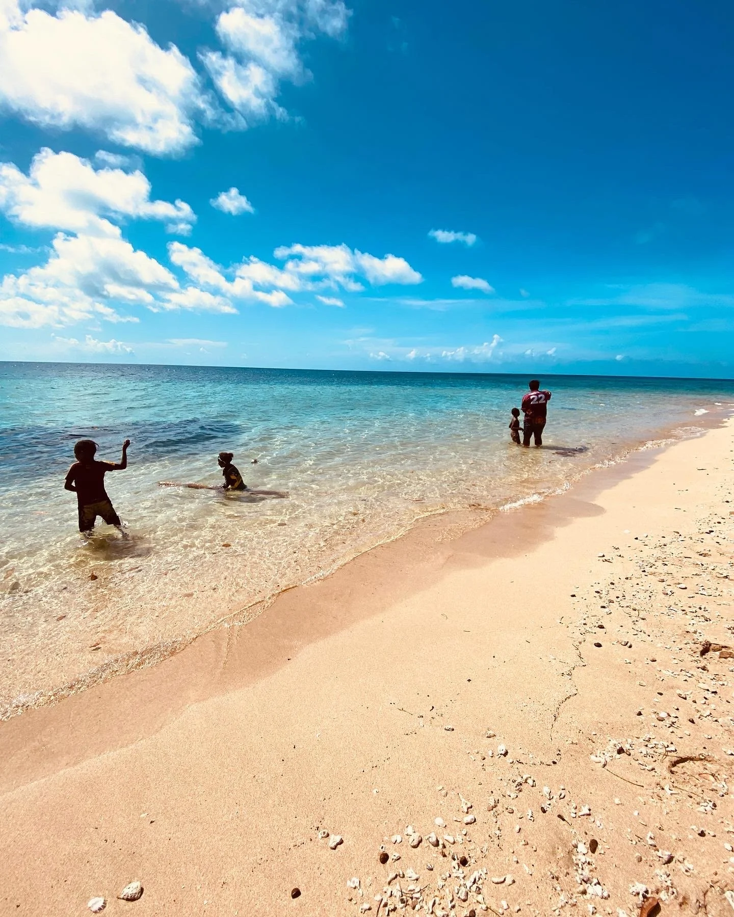 Four children playing at the beach near the water, with blue sky and scattered white clouds in the background.