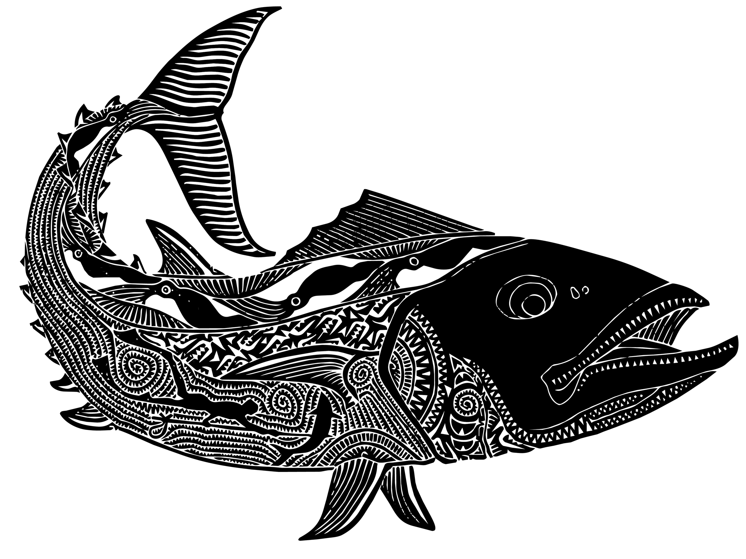Torres Strait Islander artist carving of a black and white fish with intricate patterns.