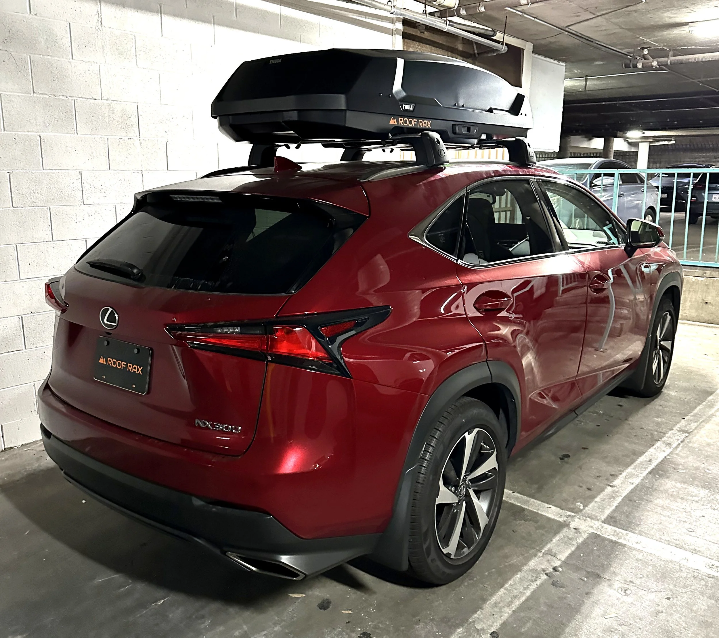 Lexus NX 300 with roof carrier box rental installed in Hollywood