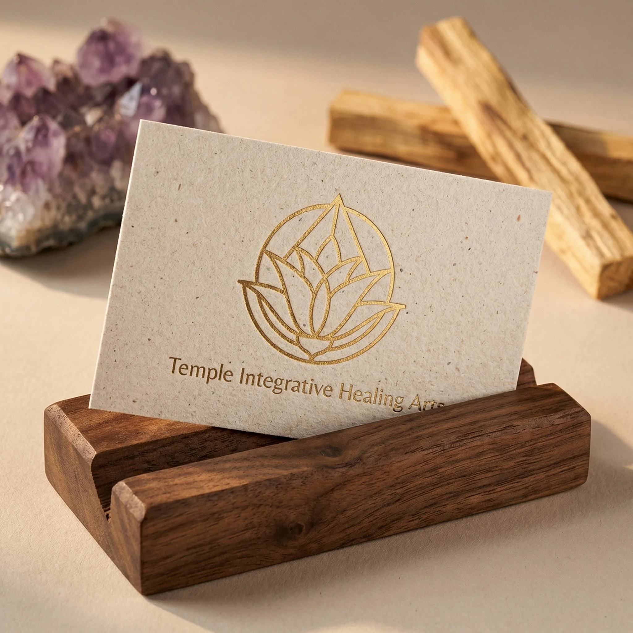 Business card for Temple Integrative Healing Arts in a wooden holder, with a gold lotus flower logo.