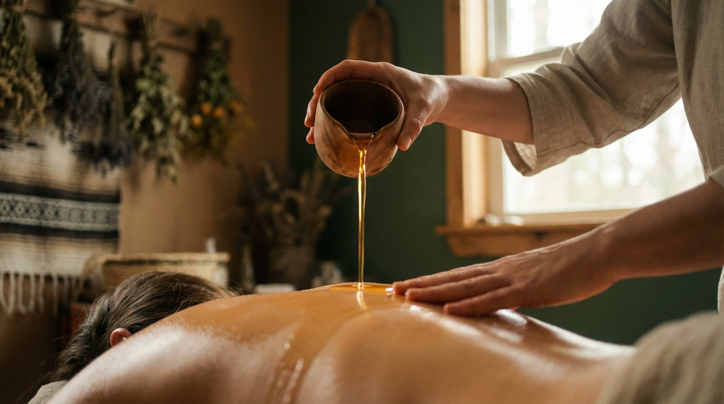 Person receiving a massage while oil is poured on their back in a cozy, well-lit room.