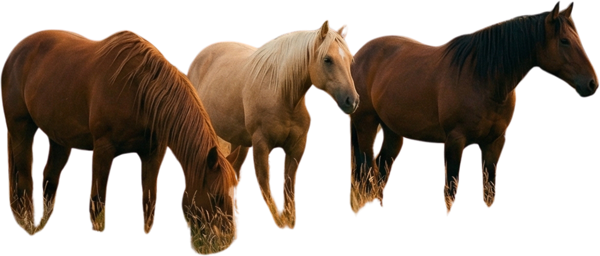 Four horses grazing in a field, with a variety of coat colors including chestnut, palomino, and dark brown.