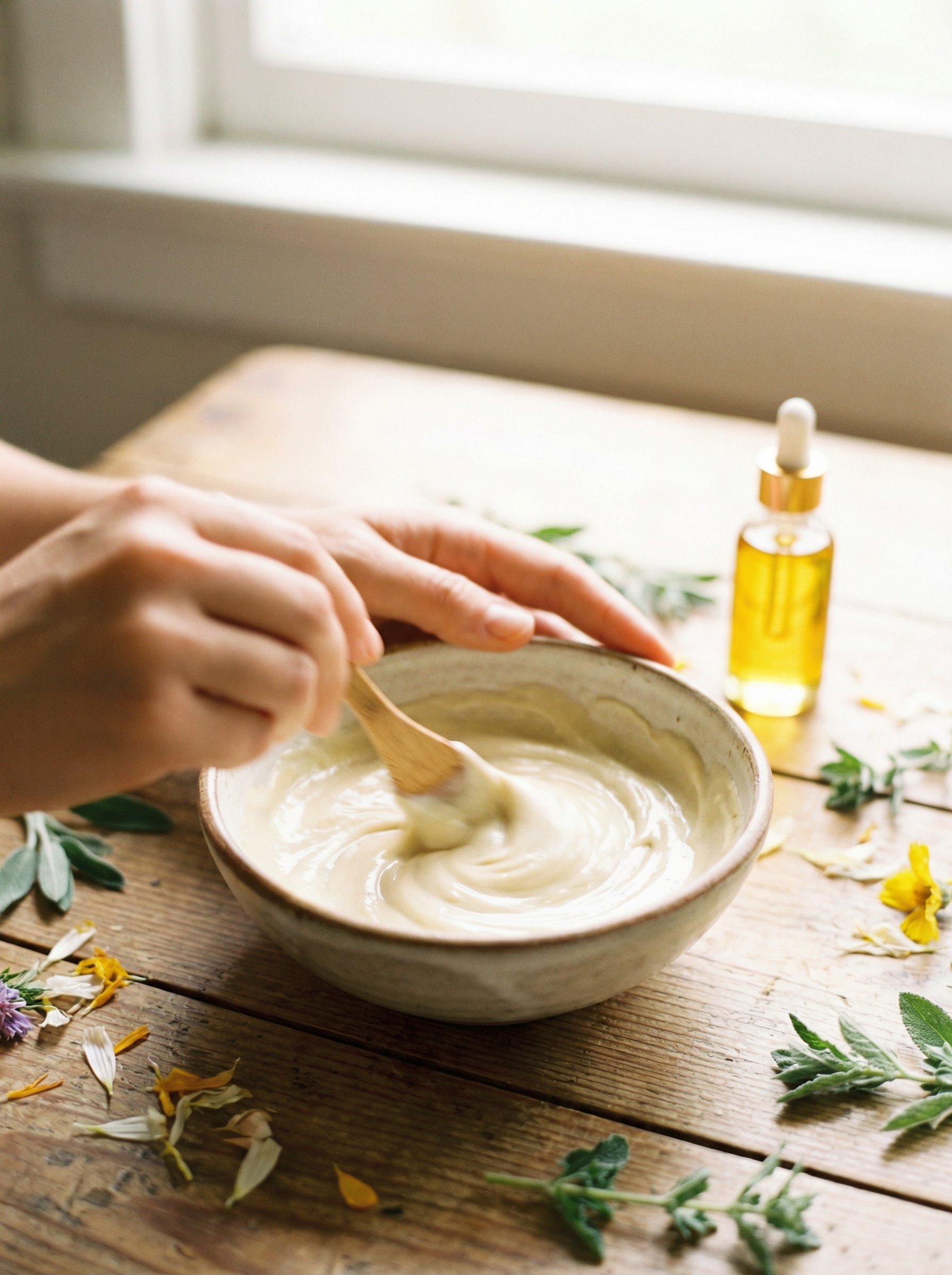 Person stirring a bowl of creamy lotion or cream on a wooden table, with a small bottle of dropper oil and scattered herbal leaves and flowers around.