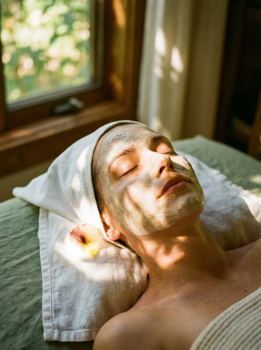 A woman with a facial mask and face cream relaxing with her eyes closed in a spa.
