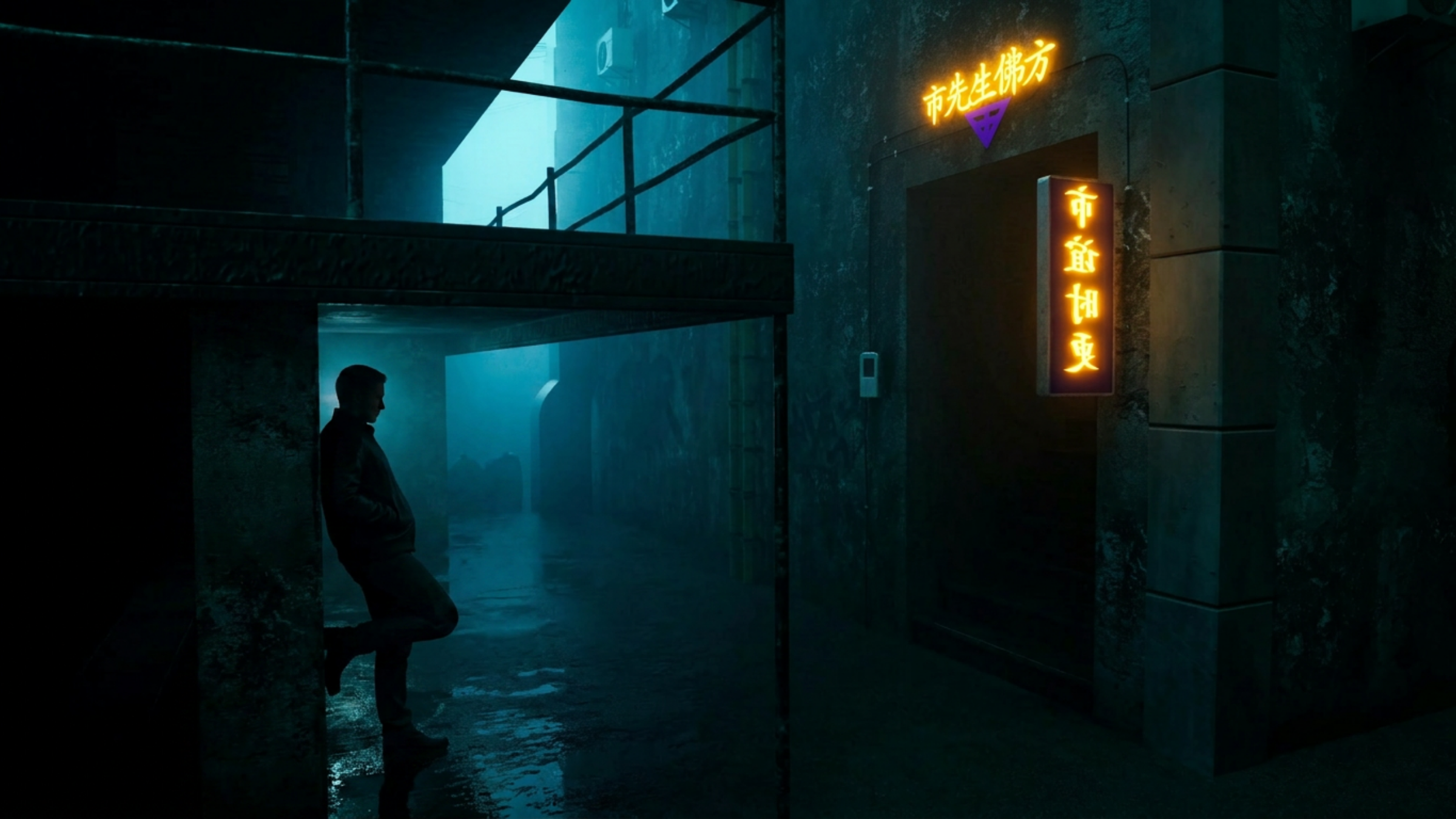 A person standing in a dimly lit urban alleyway with neon signs in a foreign language, fog, and wet ground reflecting the lights. The silhouette of the person is visible against the dark background.
