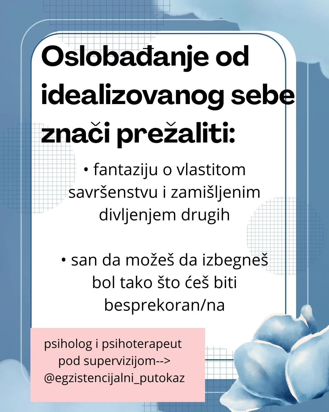 A poster with tips on overcoming the alienation from the idealized self, including avoiding fantasizing about perfection and being aware of pain to prevent being unworthy.