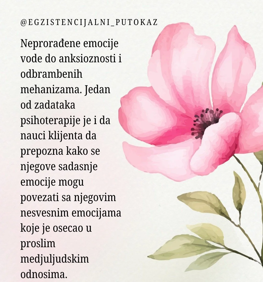 Text in Serbian about emotions, anxiety, and psychotherapy, with a pink watercolor flower illustration on a light background.