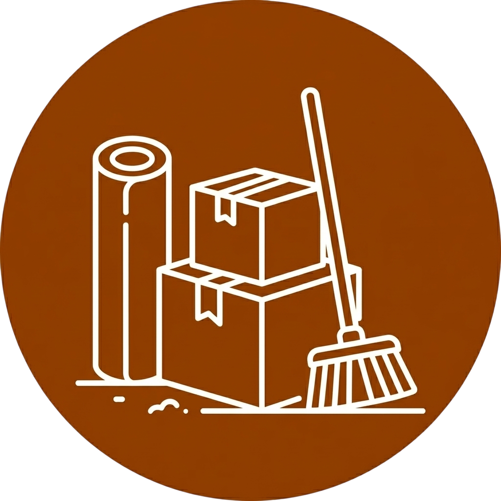 Symbol für Reinigung mit Müll, Pappe, Verpackung und Besen auf braunem Hintergrund.