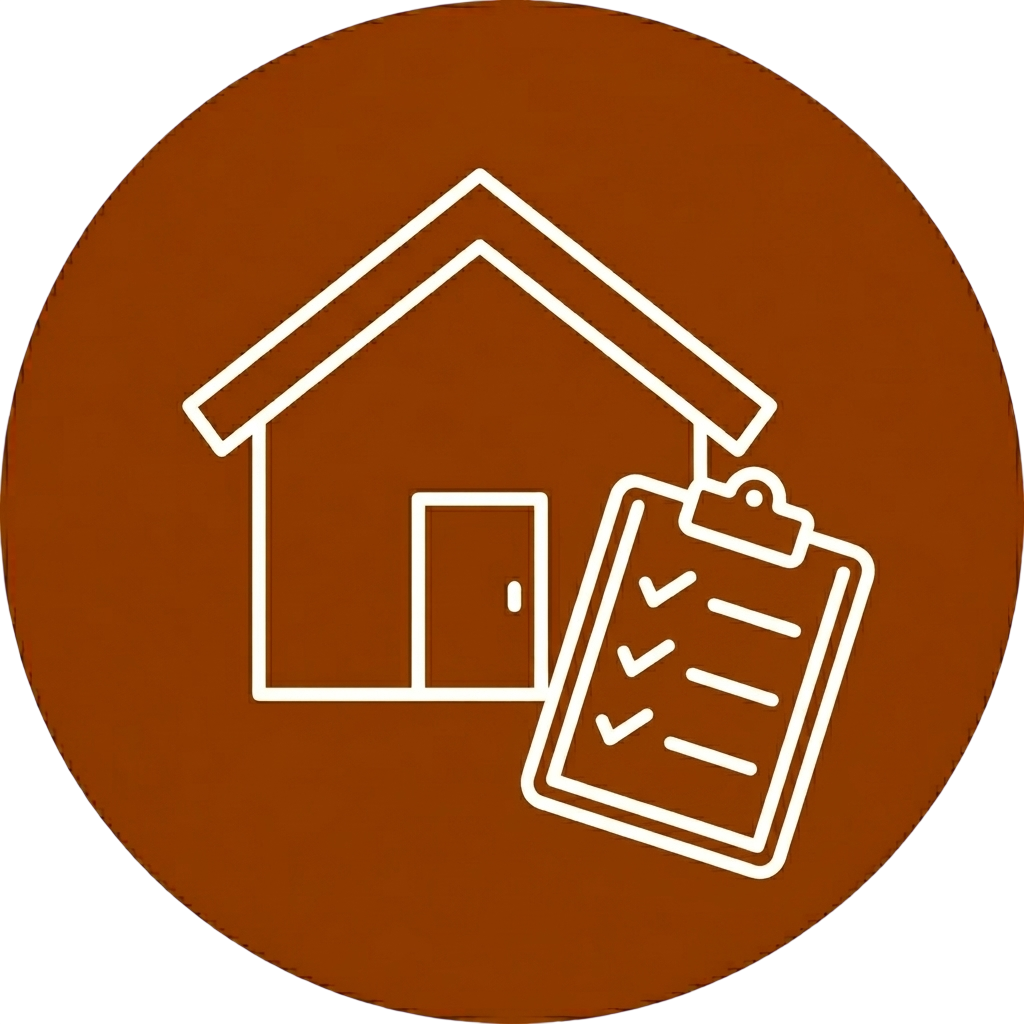 Symbol eines Hauses mit einem Checkliste-Symbol vor einem braunen Hintergrund.