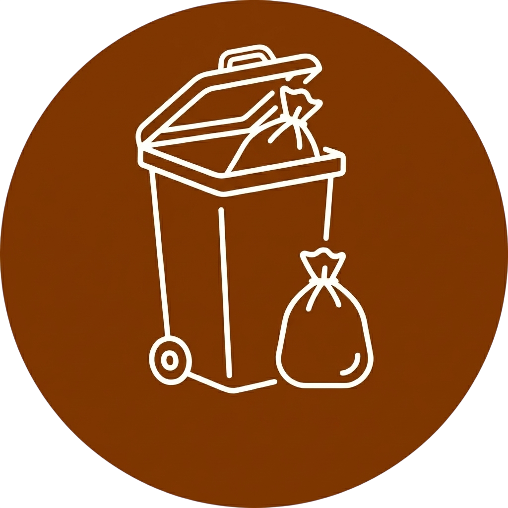 Symbol für Mülltrennung mit einem Müllcontainer und einem Müllsack auf einem braunen Hintergrund.