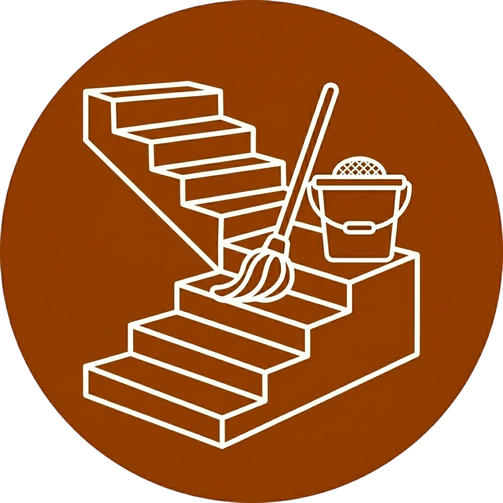 Grafik zeigt eine Treppe, einen Rechen, einen Eimer mit Schwamm und eine Bürste, vermutlich für Reinigungsarbeiten.
