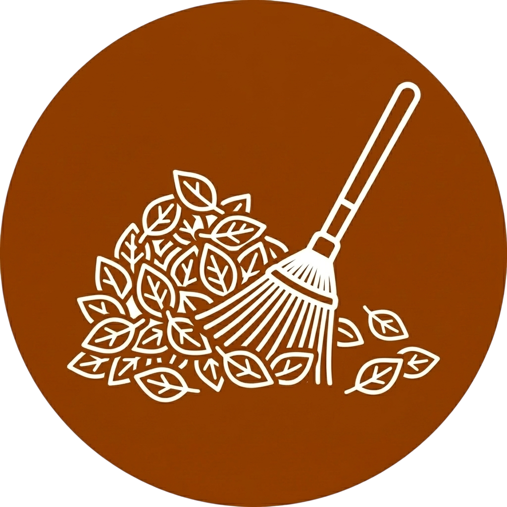 Symbol eines Besens, der auf einer Schüssel mit Blättern steht, auf braunem Hintergrund.
