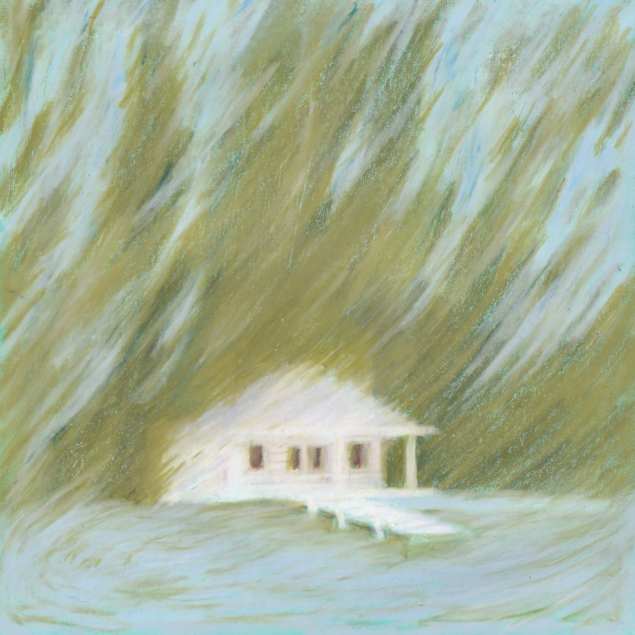 An abstract painting of a house with a porch, surrounded by swirling green, yellow, and blue strokes, resembling a stormy or windy scene.