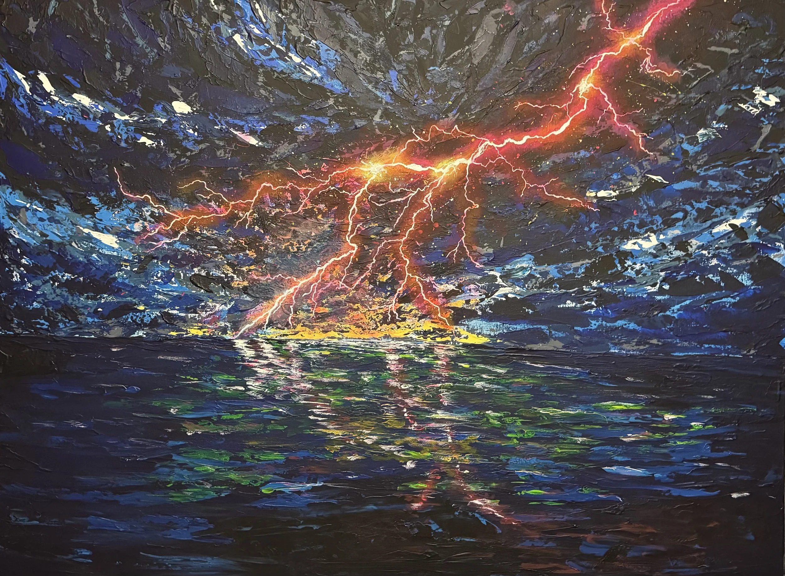 An abstract painting depicting a stormy sky with jagged lightning bolts over a water body, with reflections of the lightning and storm colors on the water surface.