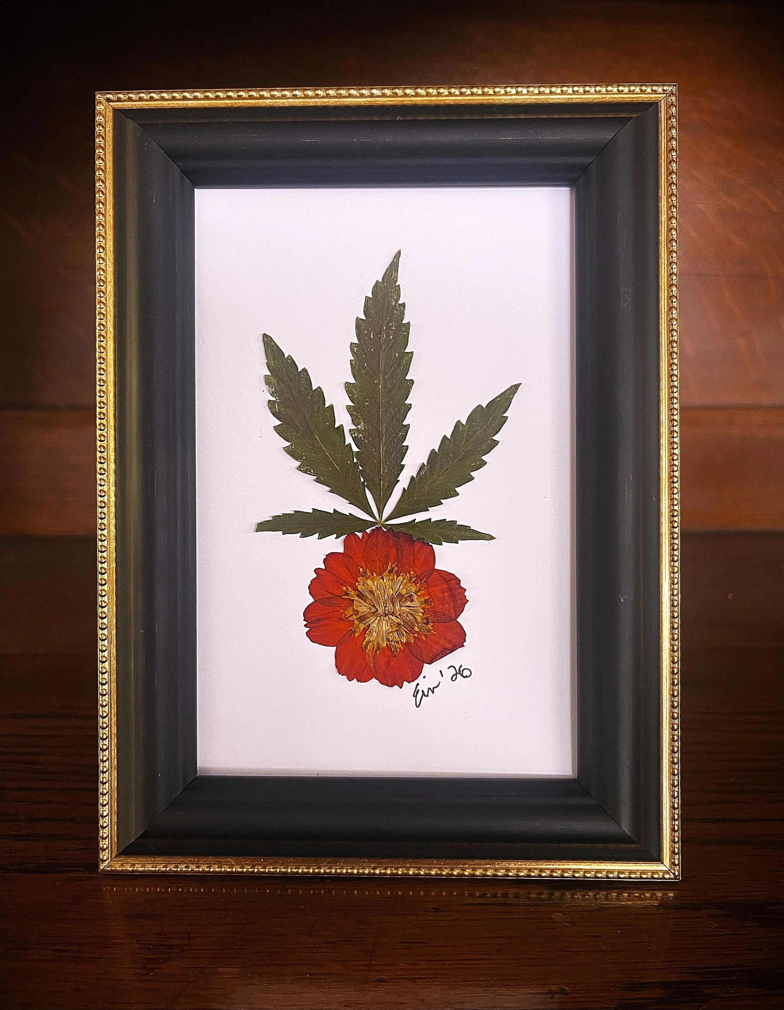 Framed Botanical Art with Pressed Marigold and Leaves
