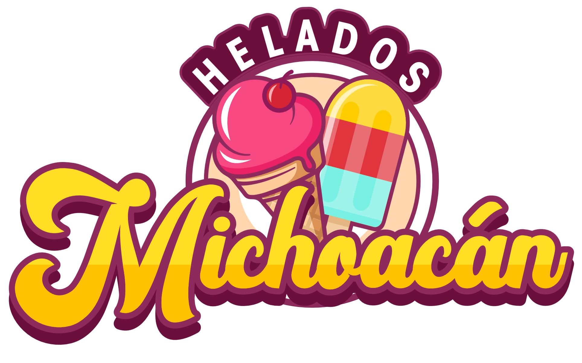 Colorful logo with the text 'Helados Michoacán' and an illustration of pink ice cream with a cherry on top and a rainbow popsicle behind it.
