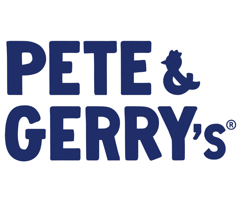 The logo features the text 'PETE & GERRY'S' in bold, dark blue letters on a black background.