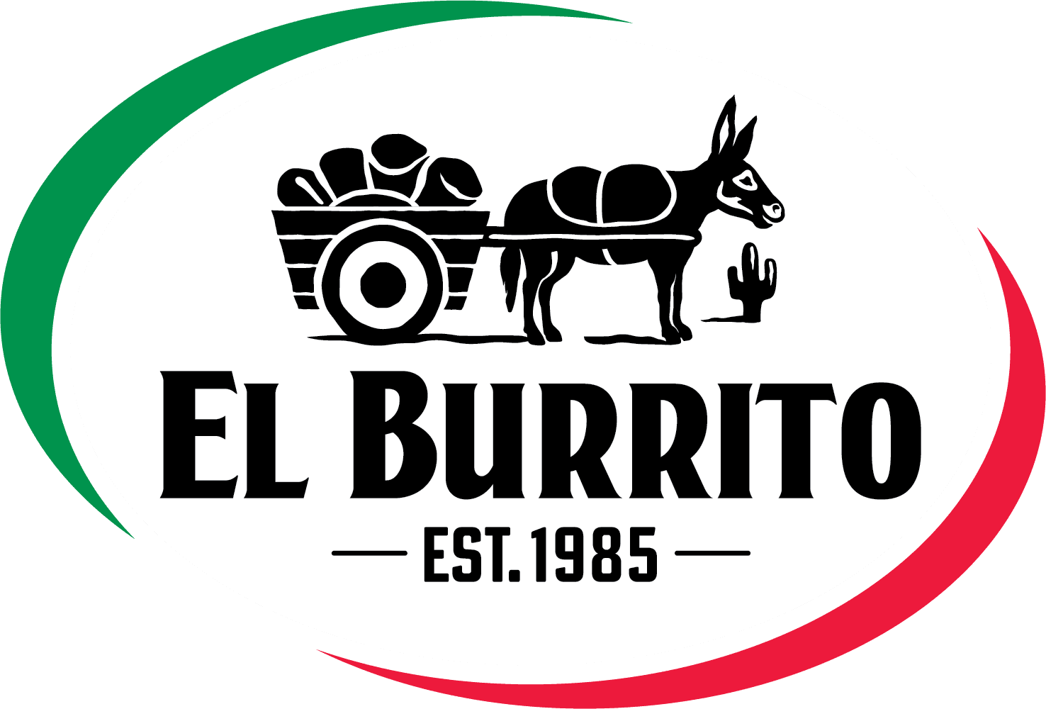 A logo with a black and white design featuring a donkey pulling a cart loaded with burritos, a cactus, and text that reads "El Burrito Est. 1985". The logo is oval-shaped with green and red accents on the borders.