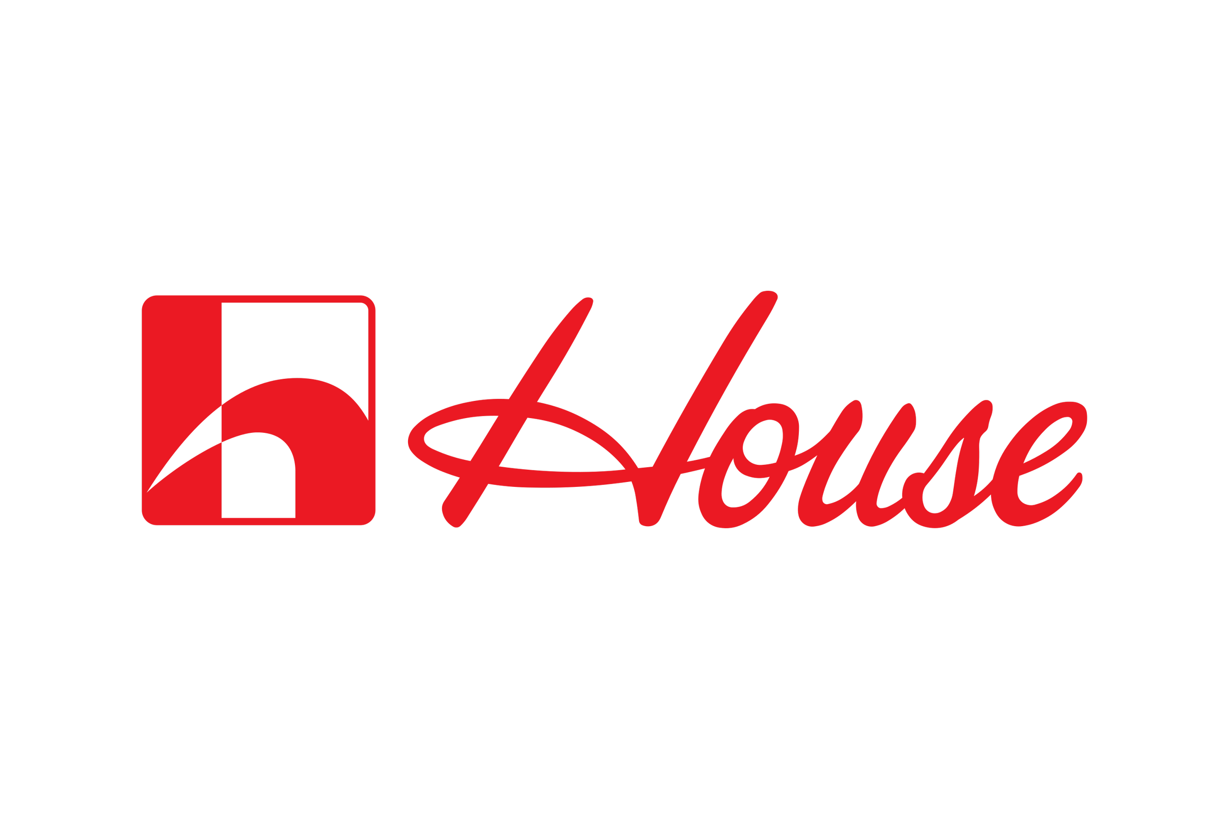 Logo for House, featuring a red stylized letter h inside a red square, with the word 'House' written in red cursive script to the right.